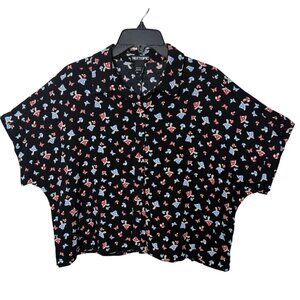 Hot Topic Oversized Boxy Fit Button Up Top Allover Novelty Print Mushrooms Sz. M